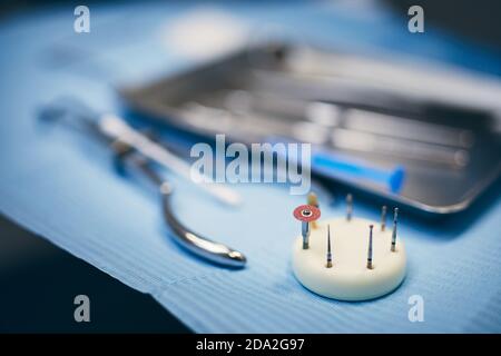 Close-up view of arrangement dental tools on tray in dental office. Stock Photo