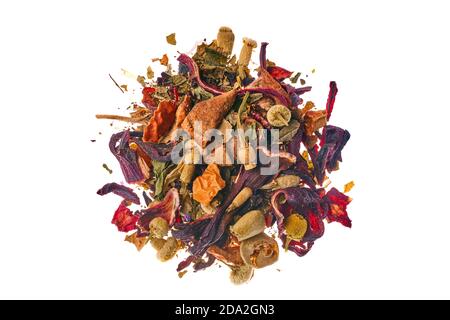 Tea made from wild raspberries and mint with calendula petals, lemon balm, camomile flowers, leaves, currants, apples and hibiscus Stock Photo