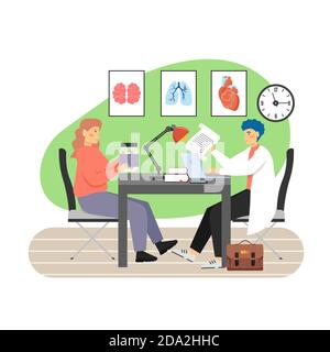Doctor giving medical prescription to patient sitting at table, flat vector illustration. Doctors appointment. Stock Vector