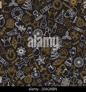 Christmas seamless background. Vector illustration for Merry Christmas and Happy New Year wrapping paper, textile design. Black, gold and white colors Stock Vector