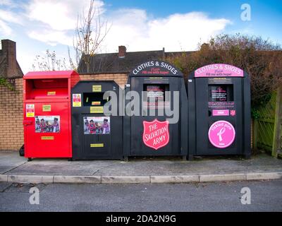 A charity collection point for donations of clothing and shoes for those in need. Stock Photo