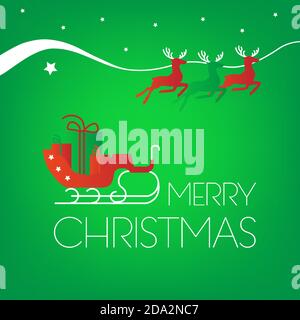 Santa sleigh and reindeer, merry christmas text on square green background Stock Vector
