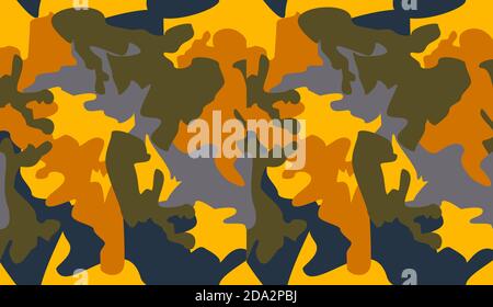 Seamless camouflage pattern background vector. Fashion clothing style masking camo repeat print. Yellow olive blue colors texture design for virtual b Stock Vector