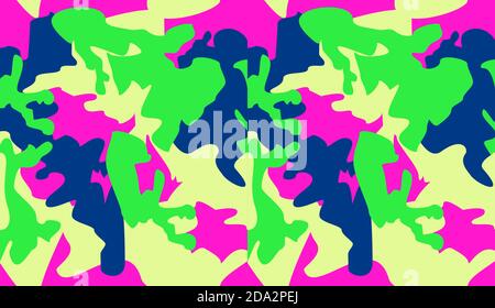 Seamless camouflage pattern background vector. Fashion clothing style masking camo repeat print. Pink blue green neon colors texture design virtual ba Stock Vector