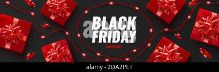 Black Friday Super Sale poster with realistic red gifts boxes Stock Vector