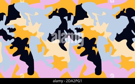 Seamless camouflage pattern background vector. Fashion clothing style masking camo repeat print. Pink black yellow blue colors texture design virtual Stock Vector