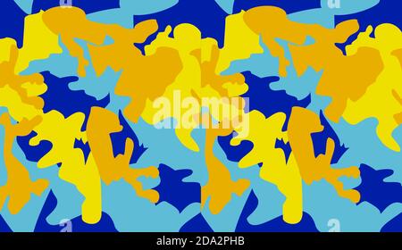 Seamless camouflage pattern background vector. Fashion clothing style masking camo repeat print. Yellow blue neon colors texture design for virtual ba Stock Vector