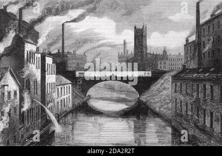 MANCHESTER, England. An 1876 view showing the Irwell River from Blackfriars Bridge looking eastwards towards Manchester Cathedral Stock Photo