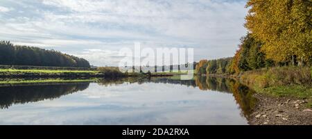 The River Tweed at Paxton House in autumn, an 18th century country house in Berwickshire, in the Scottish Borders near Berwick-upon-Tweed, in Scotland Stock Photo