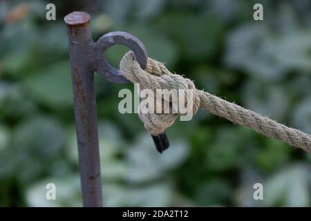 Closeup of a thick rope knot tied to a piece of metal Stock Photo