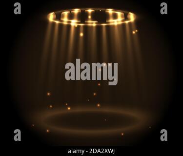 Round golden glow rays night scene with sparks on dark background. Empty light effect podium. Disco club dance floor. Show party lamp. Ufo portal beam Stock Vector