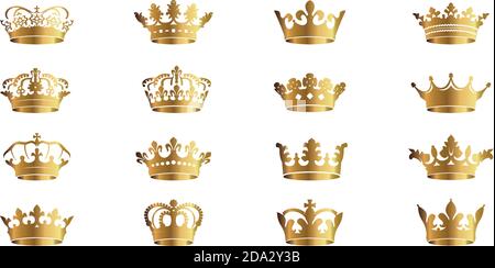 Vector golden king crowns on white background. Vector Illustration. Emblem, icon and Royal symbols. Stock Vector