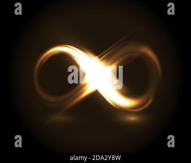 Golden glow infinity symbol. Neon sign smooth light line isolated on dark background. Vector light special effect illustration. Stock Vector