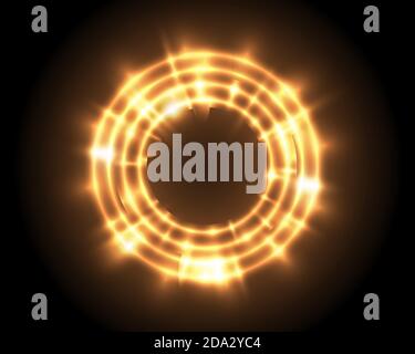 Vector round shiny frame flare special effect. Luxury golden light ring. Abstract Glow circle on dark background. Festive tech banner. Stock Vector