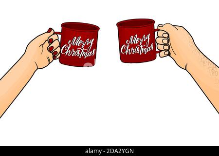 Red and White Merry Christmas cups in hands of cartoon man and woman Stock Vector
