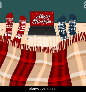 People are on the bed under plaid in knitted socks, watching film about Merry Christmas Stock Vector
