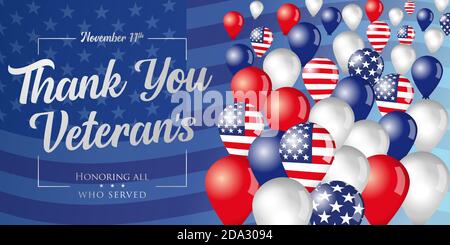Thank you Veterans phrase and flying in the sky balloons. Veterans day November 11th, hand-lettering greeting card. Holiday typography poster Stock Vector