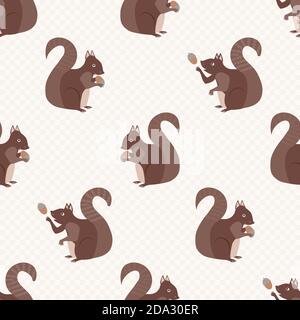 Cute squirrel with acorns seamless pattern background. Red brown woodland animals juggling and holding nuts on gingham textured backdrop. Forest Stock Vector