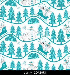 Vector snowman and baby penguin sledging and walking in forest. Seamless vector pattern background. Winter wavy hill tree landscape backdrop repeat Stock Vector