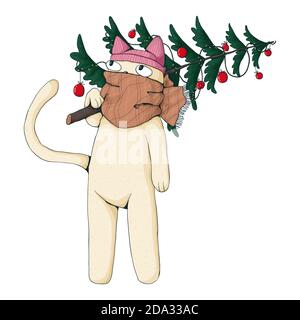 Cute cat wearing winter scarf and hat and hold christmas tree. Vector cartoon illustration. Happy christmas and happy new year concept. Best for print Stock Vector