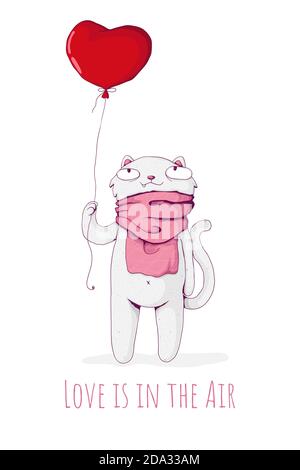 Cute white cat wearning pink scarf and hold red heart shaped balloon. Love is in the air. St Valentine's Day concept. Vecctor cartoon illustration. Be Stock Vector