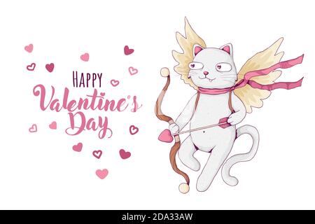 Cute white cat with cupid bow and wings. St. Valentine's day concept. Happy Valentine's Day text with hearts. Vector illustration in cartoon style. Fo Stock Vector