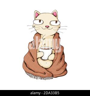 Cozy white cat wrapped in plaid with cup of coffee. Cozy time. Stay at home concept. Vector cartoon illustration. Best for print, textile or web desig Stock Vector