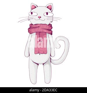 Cute smiling white cat wearing cozy pink scarf. Vector cartoon illustration. Cozy time concept. Best for print, web or textile design. Stock Vector