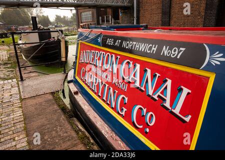 UK, England, Cheshire, Ellesmere Port, National Waterways Museum, Anderton Canal Carrying Co, narrowboat at pump house basin Stock Photo