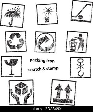 Handling & packing icon set with scratch or grungy rubber stamp, isolated on white background Stock Vector