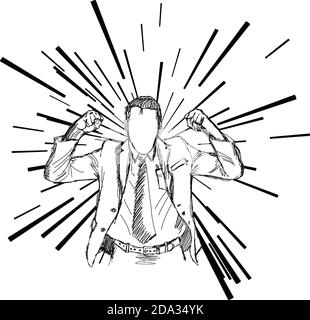 vector illustration of businessman with bursting power lines, hand drawn doodles style Stock Vector