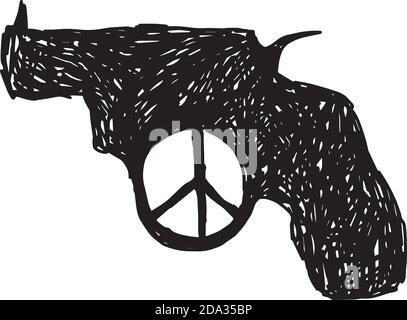 illustration vector hand drawn doodles of revolver with peace sign at the trigger Stock Vector