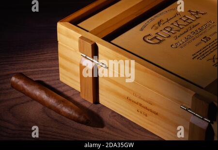 Prague,Czech Republic - 8 November,2020: Wooden box of premium Gurkha cigars on the black table. Gurkha Cigar created more than a century ago. Stock Photo