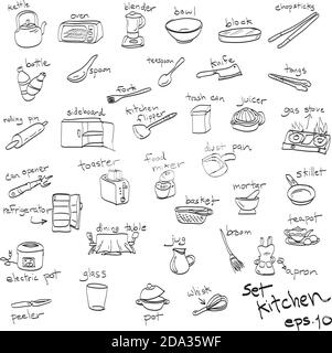 hand drawn set of objects in kitchen, doodles Stock Vector