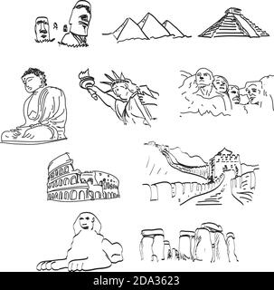 set of favorite landmarks  vector illustration sketch doodle hand drawn with black lines isolated on white background Stock Vector