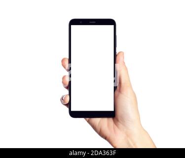 Hand Holding a Blank Smartphone Against a White Background Stock Photo
