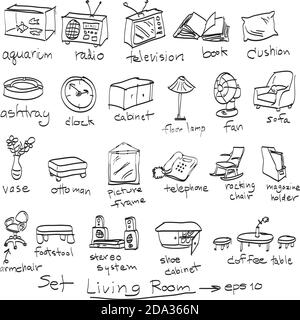 hand drawn set objects in living room, doodles. Stock Vector