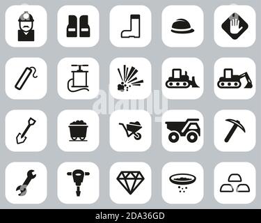 Quarry Or Mine Icons Black & White Flat Design Set Big Stock Vector