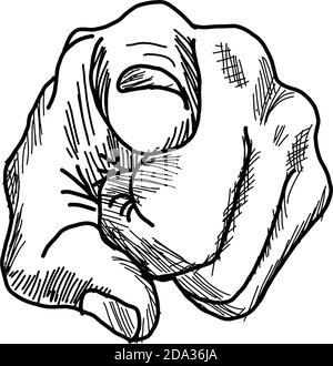 vector illustration retro black hand drawn style hand pointing finger at viewer on white background Stock Vector