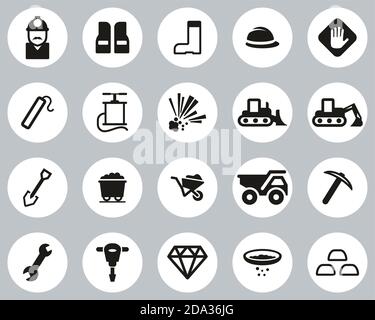 Quarry Or Mine Icons Black & White Flat Design Circle Set Big Stock Vector