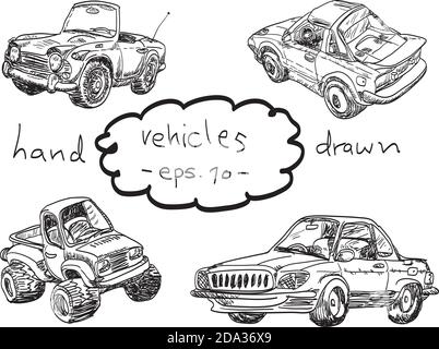 hand drawn cars isolated on white background. Stock Vector