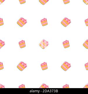 Dessert in glass seamless pattern in cartoon style on white background. Pink sweet cream and bisquit. Colorful vector illustration. Fabric pattern. Stock Vector