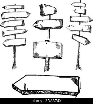 Hand drawn wooden road signs pointing in different and opposite directions. Vector illustration. Stock Vector