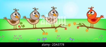 Birds on branch. Think outside the box.Being different, standing out from the crowd. Concept of uniqueness,quality, individuality and diversity.Vector Stock Vector
