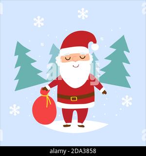 Christmas cartoon Santa with a bag with gifts. woods behind him. Vector flat illustration isolated on blue background Stock Vector