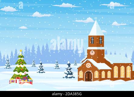 Winter landscape with church Stock Vector