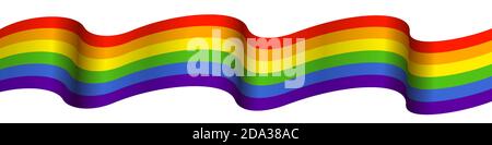 Waving Rainbow flag on white background. Rainbow LGBT flag vector poster or banner template. LGBTQ colors. Vector illustration. Wavy pattern. Stock Vector