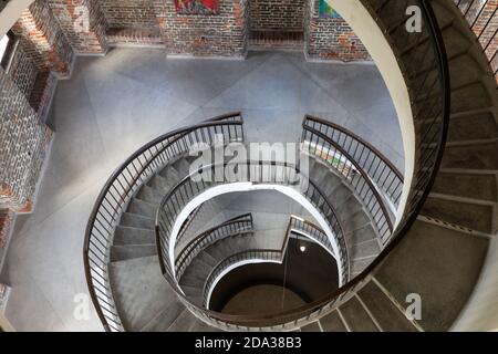 Frombork, Poland - Sept, 7, 2020: Stairs and Foucault's Pendulum suspended within the belfry or Radziejowski Tower on Cathedral Hill, Frombork. Poland Stock Photo