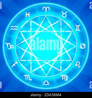 Zodiac signs set on shiny magic circle. Mandala background. Zodiac icons collection. Vector illustration. Stock Vector