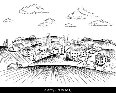 Vector drawing of the village landscape of... - Stock Illustration  [69580180] - PIXTA